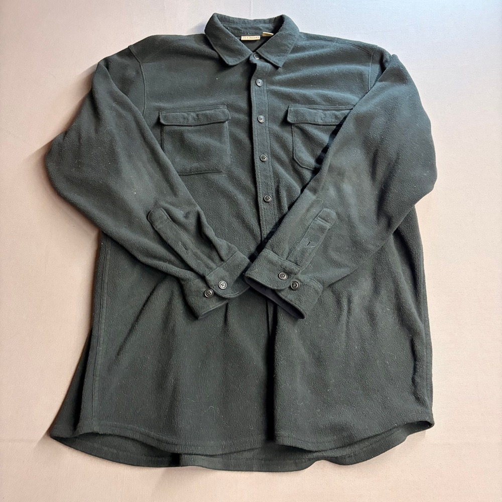 LL Bean Mens XL Tall Fleece Shirt Jacket Dark Green Button Up Shacket 273073